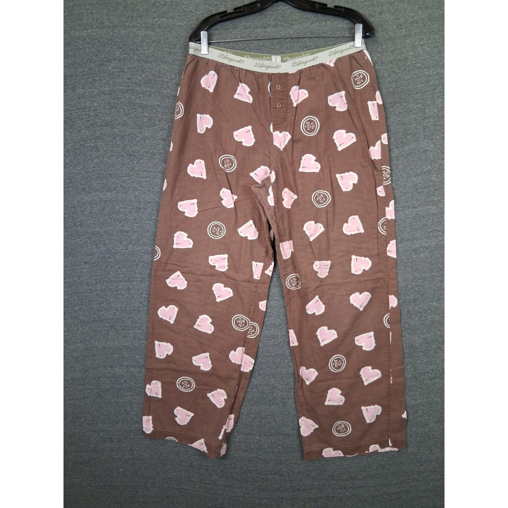 Life Is good Womens Pants L Brown Pink Heart Flannel Pajama Casual Cabin Cozy